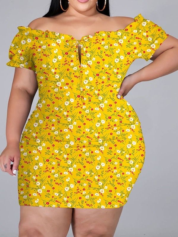 Shortsleeve Above Knee Print Bodycon Pullover Floral Bodycon Kjole Plus Size