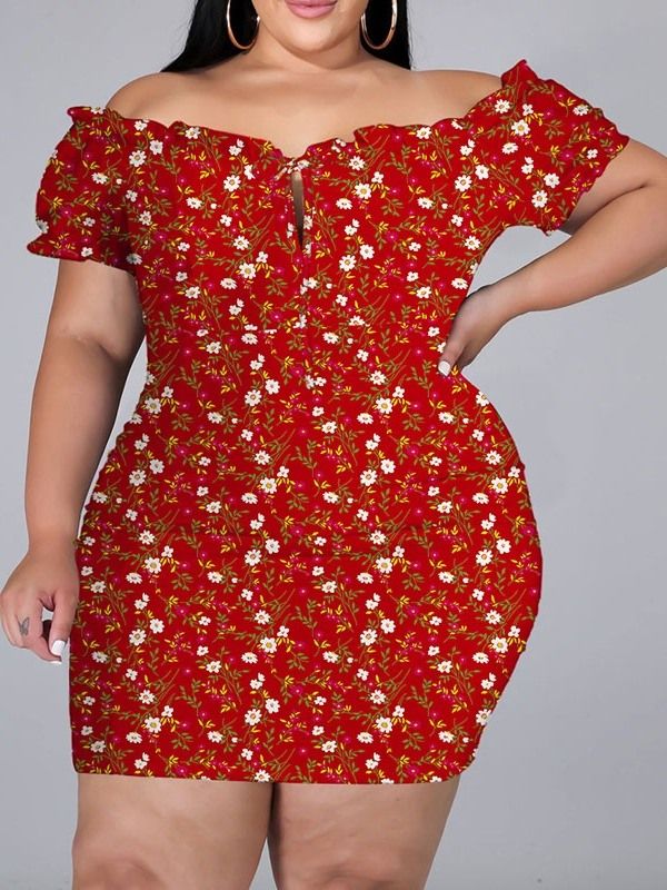 Shortsleeve Above Knee Print Bodycon Pullover Floral Bodycon Kjole Plus Size