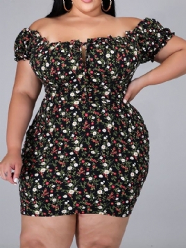 Shortsleeve Above Knee Print Bodycon Pullover Floral Bodycon Kjole Plus Size