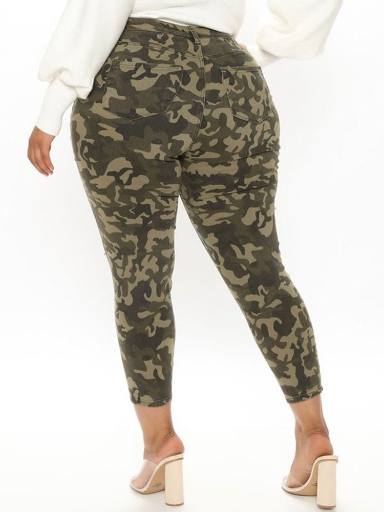 Skinny Hole Camouflage Pencil Bukser Ankellengde Damebukser Plus Size