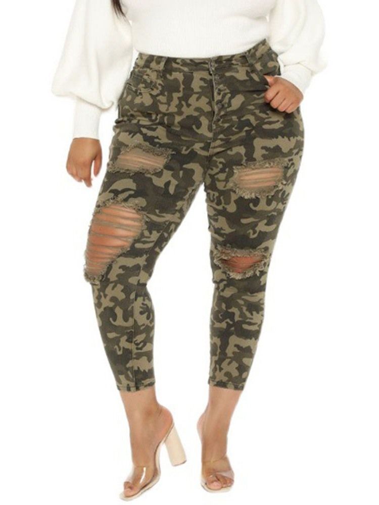 Skinny Hole Camouflage Pencil Bukser Ankellengde Damebukser Plus Size