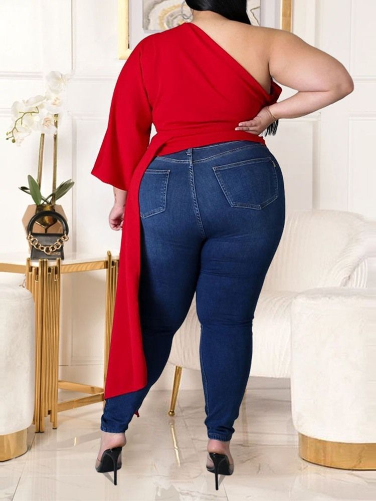 Skrå Krage Langermet Vanlig Løs Mote Plus Size T-Skjorte For Kvinner