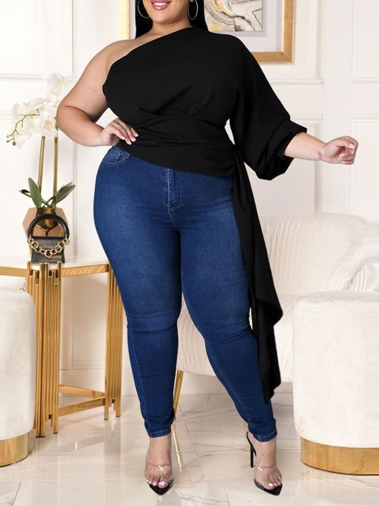 Skrå Krage Langermet Vanlig Løs Mote Plus Size T-Skjorte For Kvinner