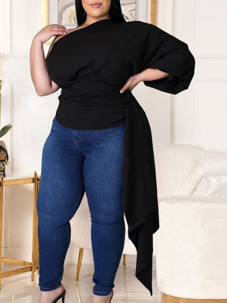 Skrå Krage Langermet Vanlig Løs Mote Plus Size T-Skjorte For Kvinner