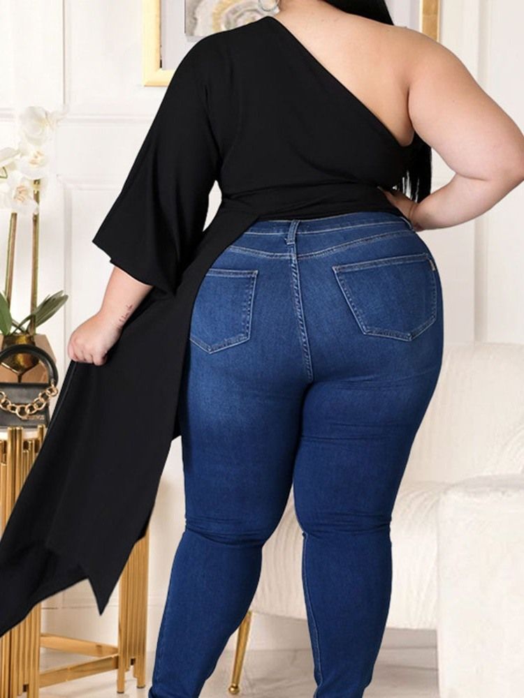 Skrå Krage Langermet Vanlig Løs Mote Plus Size T-Skjorte For Kvinner