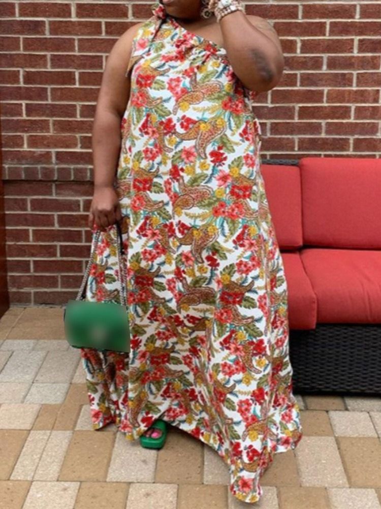 Skriv Ut Gulvlang Skrå Krage Floral Maxi Kjole Plus Size