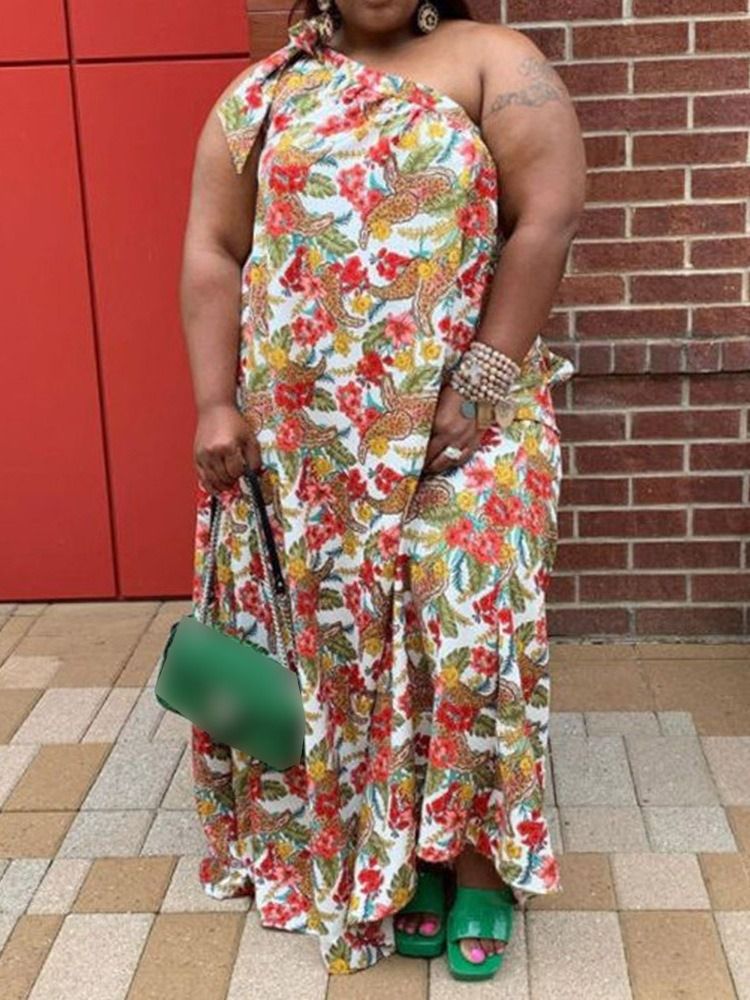 Skriv Ut Gulvlang Skrå Krage Floral Maxi Kjole Plus Size