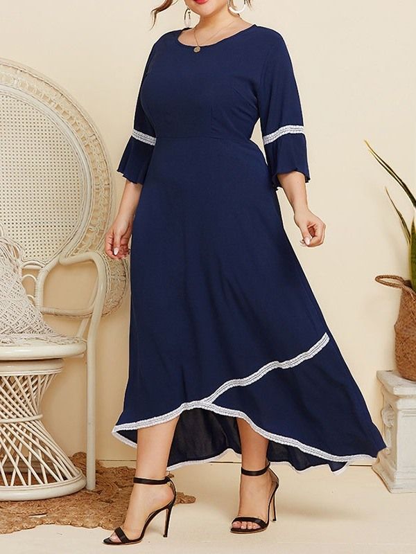 Trekvart Erme Ankellang Rund Hals Color Block Maxi Kjole Plus Size