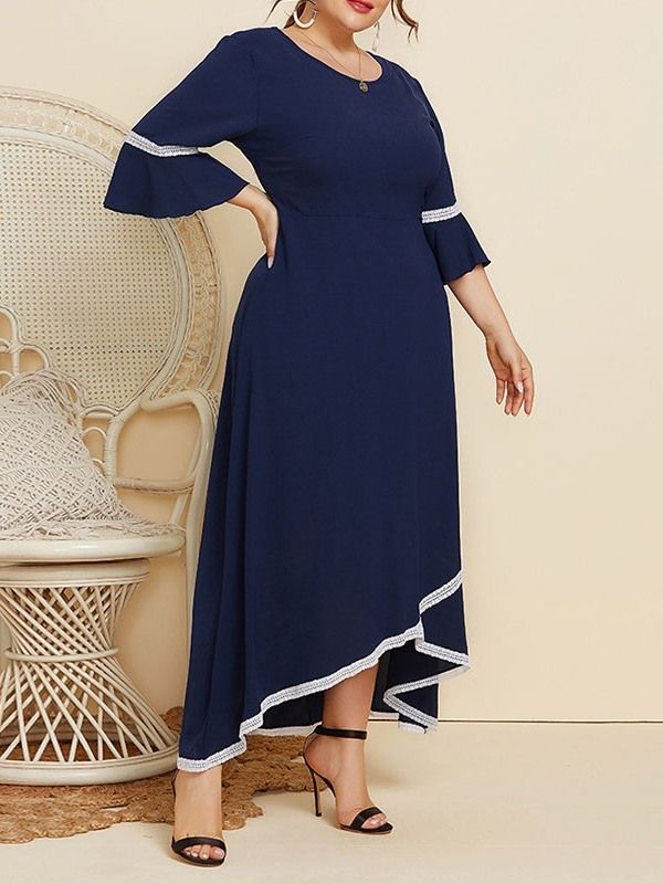 Trekvart Erme Ankellang Rund Hals Color Block Maxi Kjole Plus Size