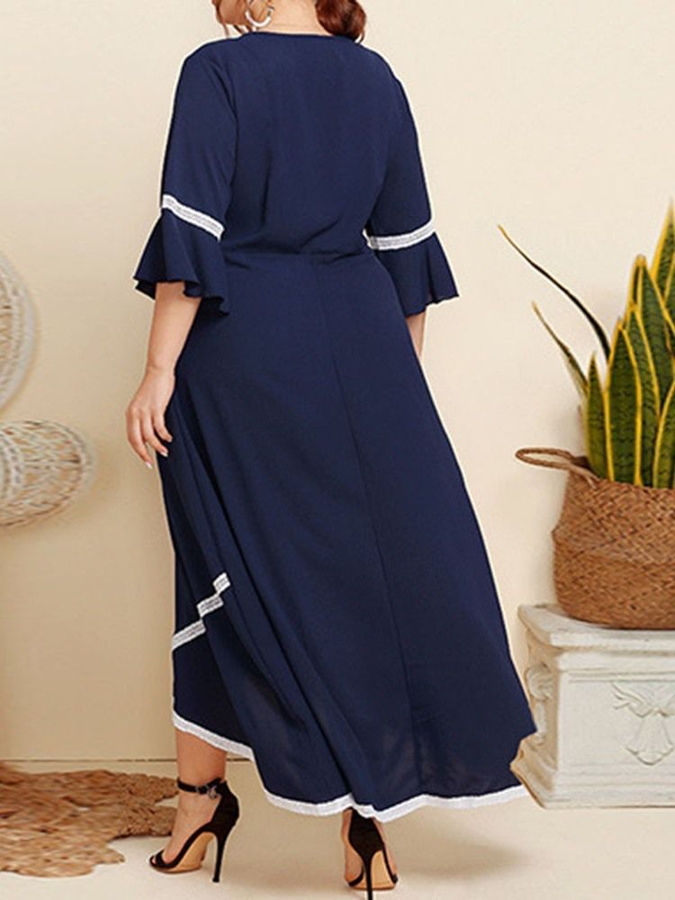 Trekvart Erme Ankellang Rund Hals Color Block Maxi Kjole Plus Size