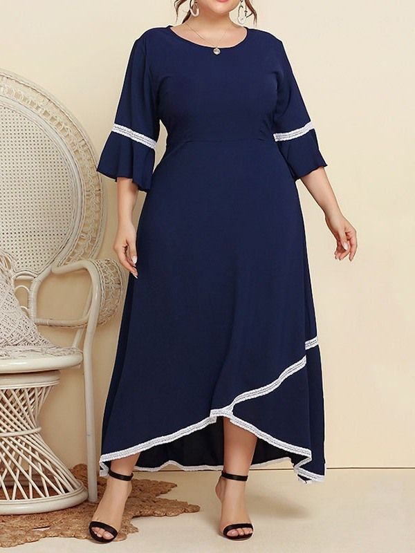 Trekvart Erme Ankellang Rund Hals Color Block Maxi Kjole Plus Size