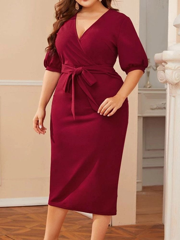 V-Hals Halvermet Blonder Plain Bodycon Kjole Plus Size