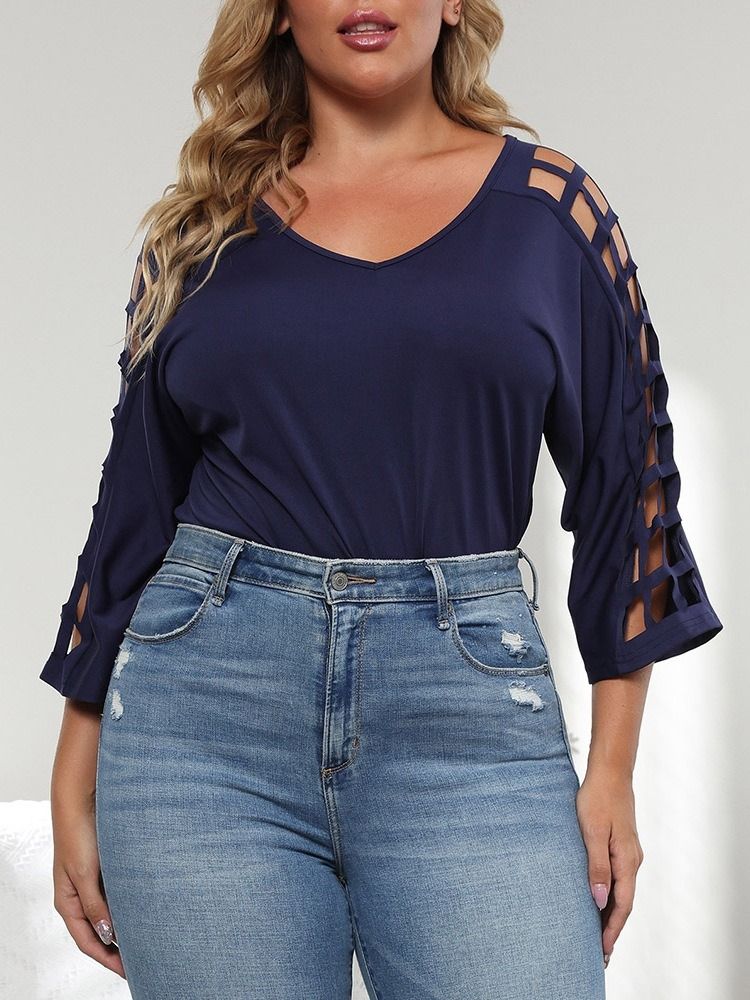 V-Hals Trekvart Erme Vanlig Enkel Rett T-Skjorte For Kvinner Plus Size