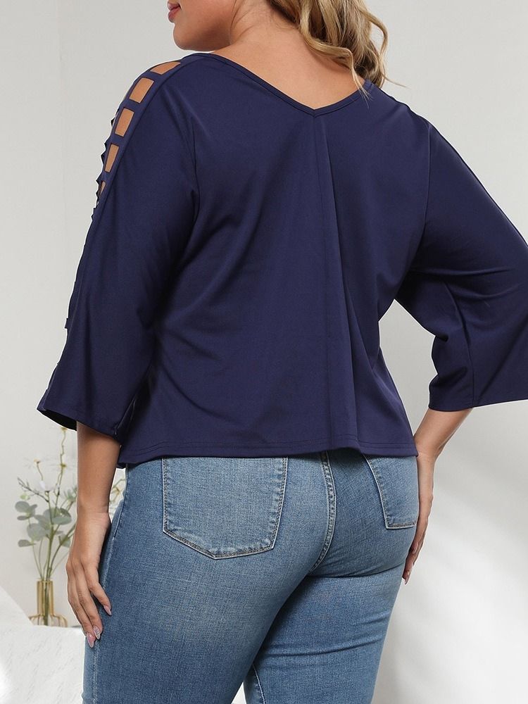 V-Hals Trekvart Erme Vanlig Enkel Rett T-Skjorte For Kvinner Plus Size