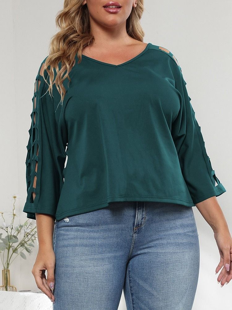 V-Hals Trekvart Erme Vanlig Enkel Rett T-Skjorte For Kvinner Plus Size