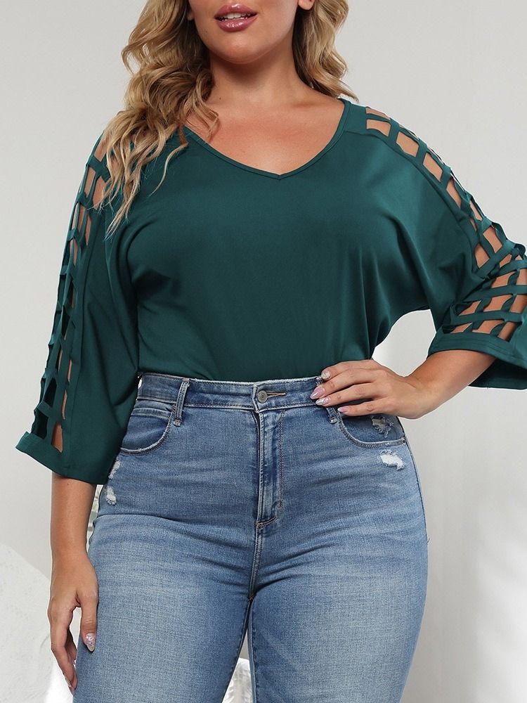 V-Hals Trekvart Erme Vanlig Enkel Rett T-Skjorte For Kvinner Plus Size