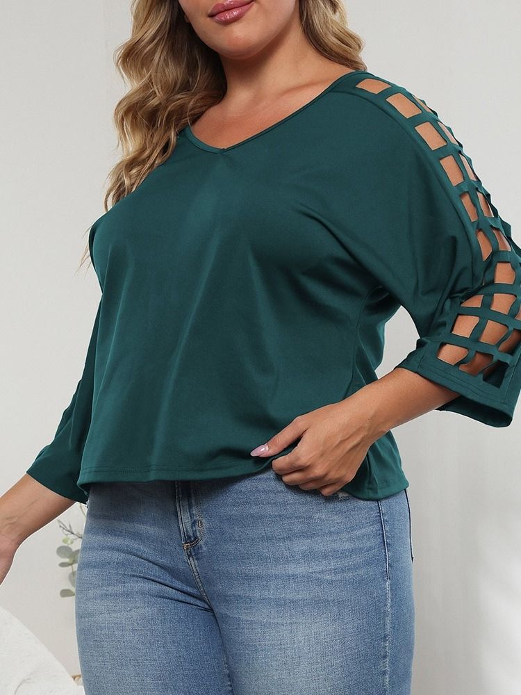 V-Hals Trekvart Erme Vanlig Enkel Rett T-Skjorte For Kvinner Plus Size