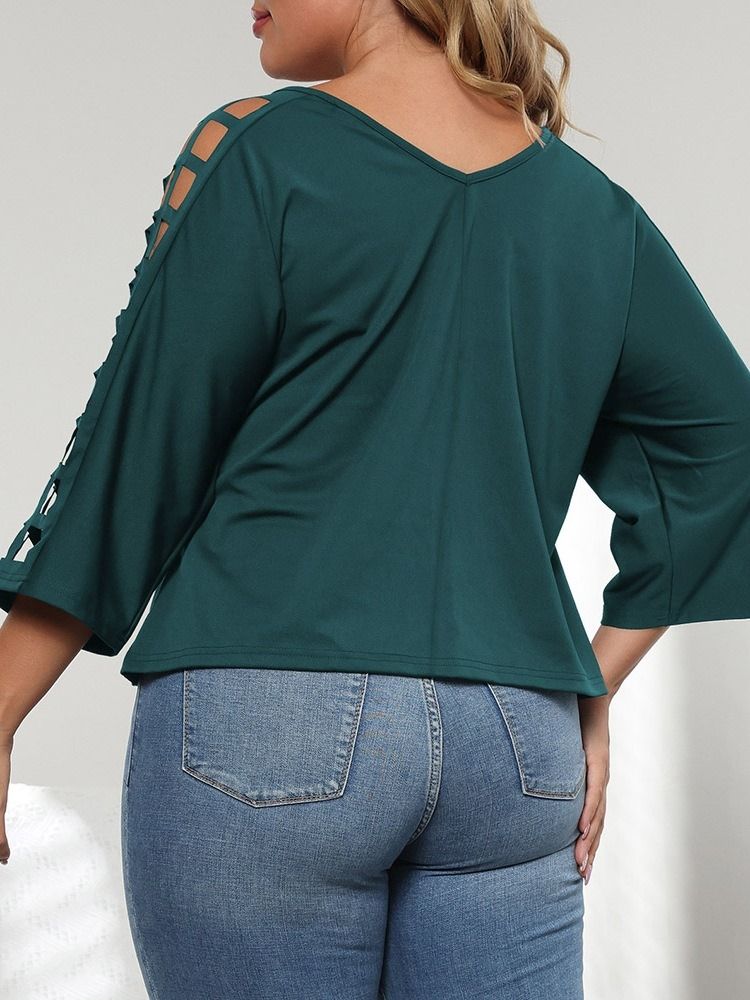 V-Hals Trekvart Erme Vanlig Enkel Rett T-Skjorte For Kvinner Plus Size