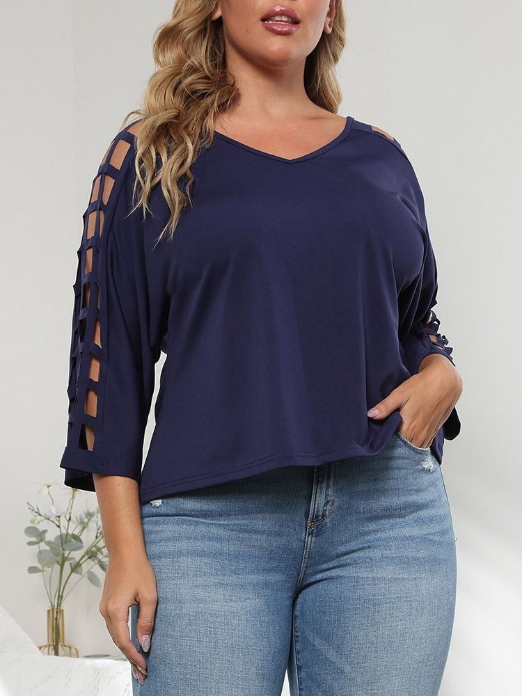 V-Hals Trekvart Erme Vanlig Enkel Rett T-Skjorte For Kvinner Plus Size