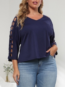 V-Hals Trekvart Erme Vanlig Enkel Rett T-Skjorte For Kvinner Plus Size