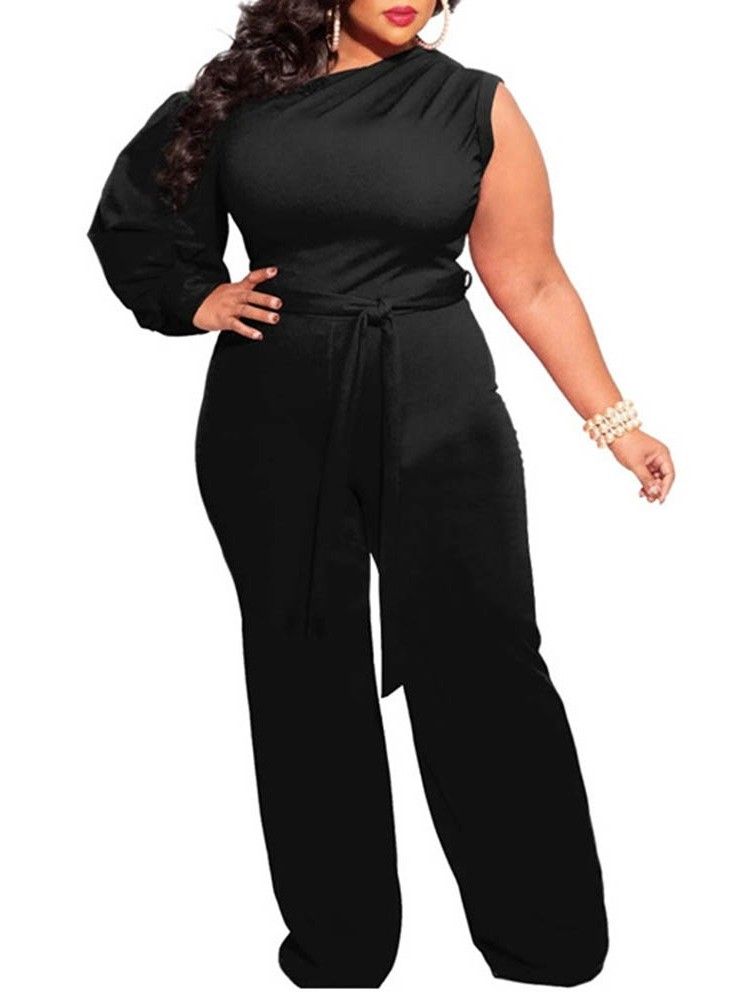 Vanlig Plus Size Asymmetrisk Full Lengde Slank Jumpsuit For Kvinner