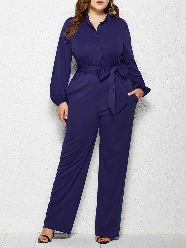 Vanlig Plus Size Full Lengde Rett Mid Waist Jumpsuit