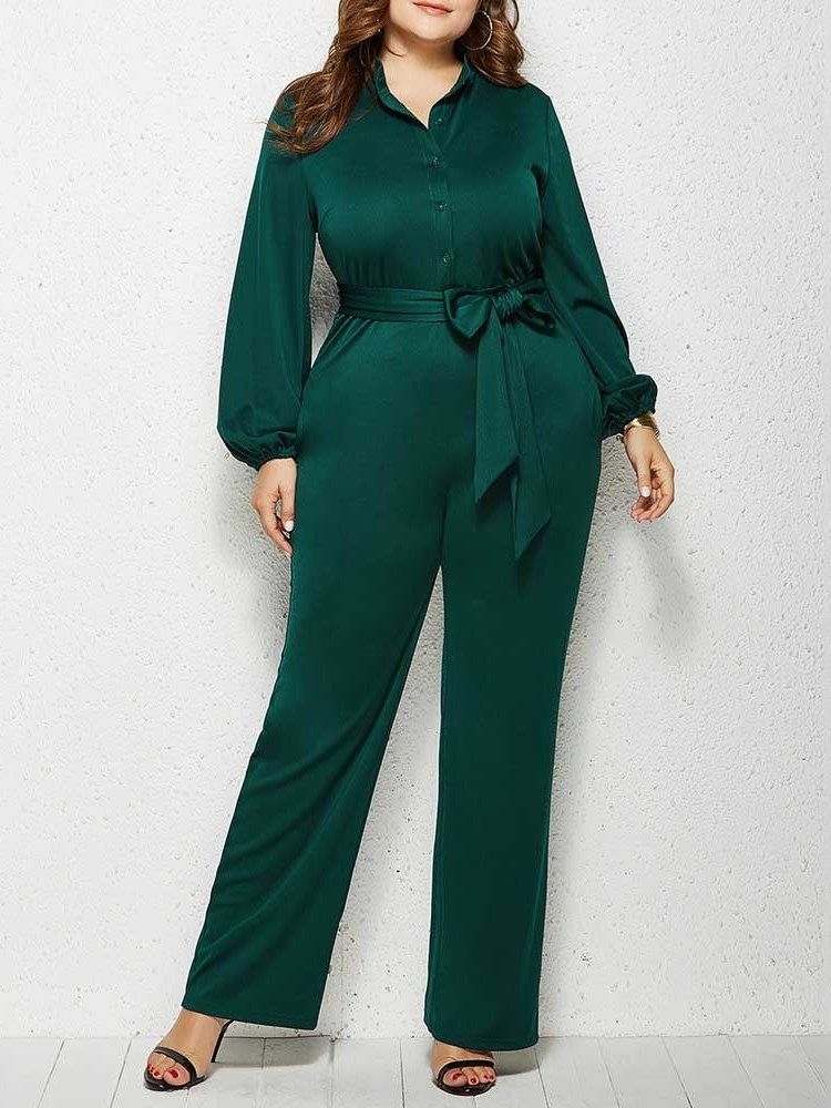 Vanlig Plus Size Full Lengde Rett Mid Waist Jumpsuit