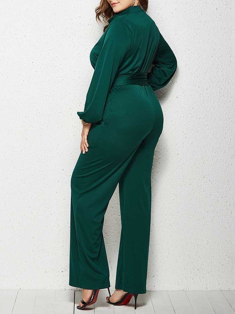 Vanlig Plus Size Full Lengde Rett Mid Waist Jumpsuit