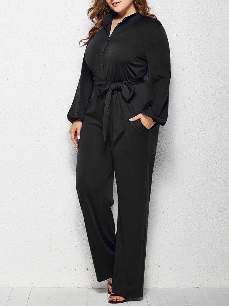 Vanlig Plus Size Full Lengde Rett Mid Waist Jumpsuit