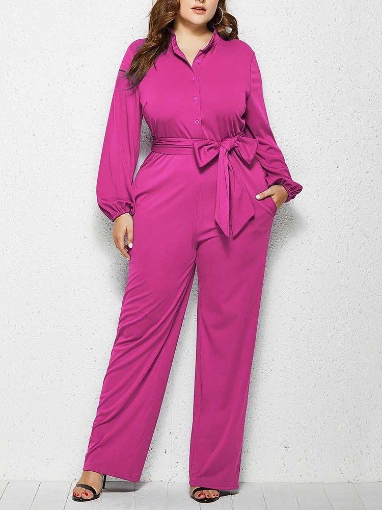 Vanlig Plus Size Full Lengde Rett Mid Waist Jumpsuit