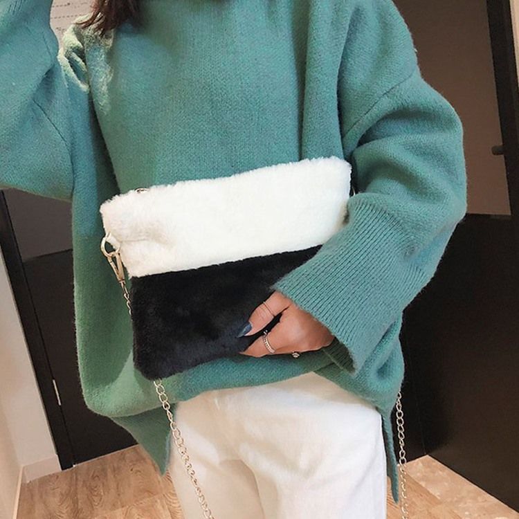 Faux Fur Color Block Rektangel Crossbody-Vesker