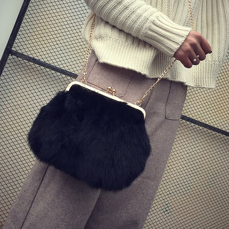 Fux Fur Plain Chain Rektangle Crossbody-Vesker