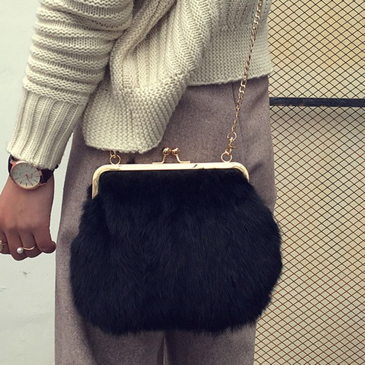 Fux Fur Plain Chain Rektangle Crossbody-Vesker