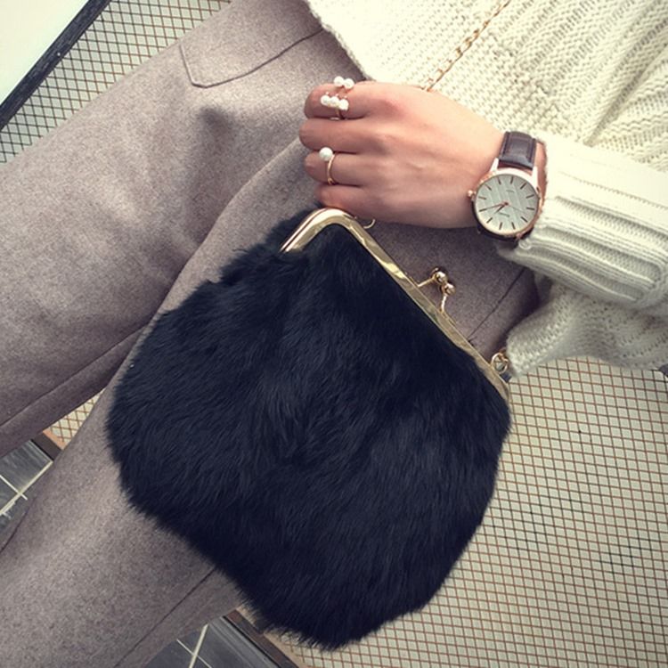 Fux Fur Plain Chain Rektangle Crossbody-Vesker