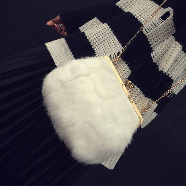 Fux Fur Plain Chain Rektangle Crossbody-Vesker