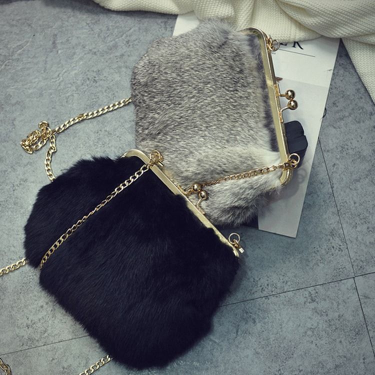 Fux Fur Plain Chain Rektangle Crossbody-Vesker