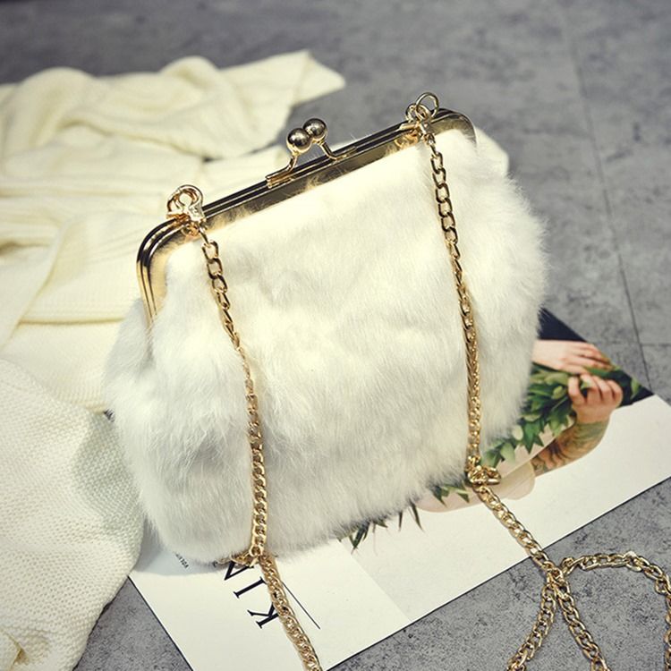 Fux Fur Plain Chain Rektangle Crossbody-Vesker