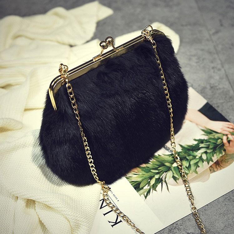 Fux Fur Plain Chain Rektangle Crossbody-Vesker