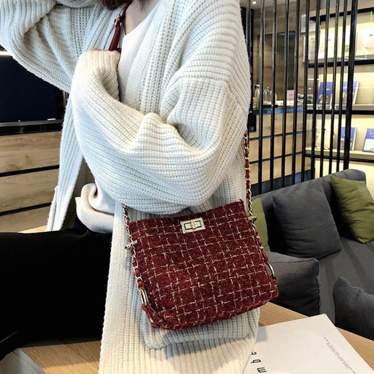 Plaid Strikket Ullblandinger Rektangulære Crossbody-Vesker