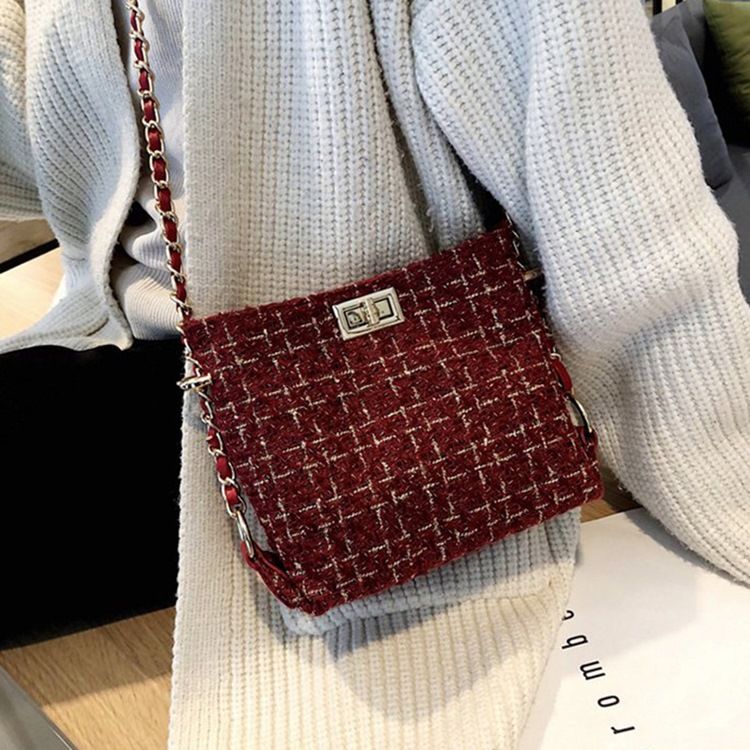 Plaid Strikket Ullblandinger Rektangulære Crossbody-Vesker