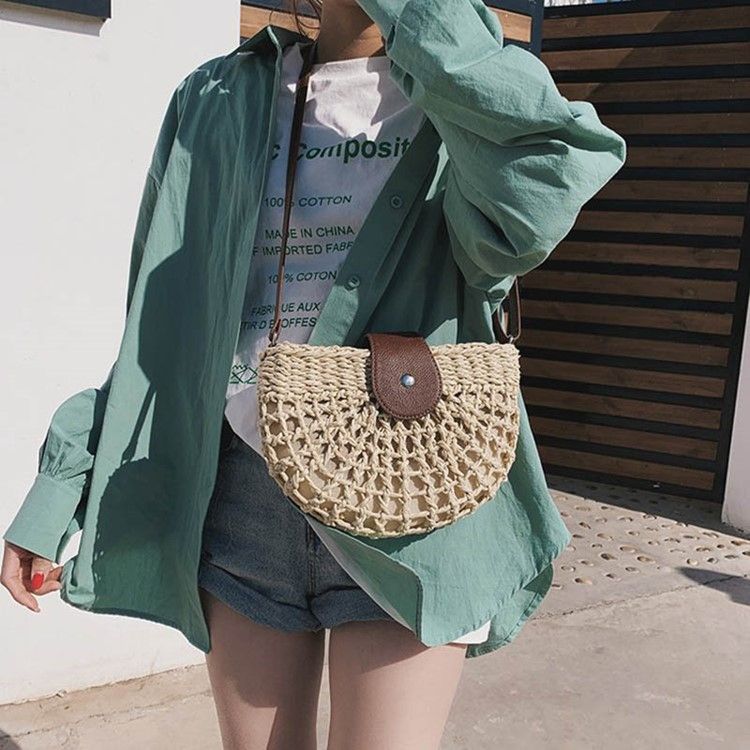 Plain Grass Knitted Saddle Crossbody Bag