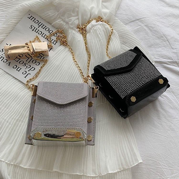 Pu Rhinestone Chain Rektangle Crossbody Bags