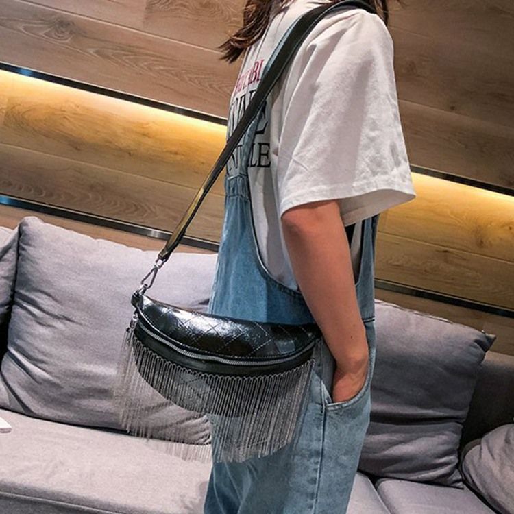 Pu Rutete Frynser Tråd Saddle Crossbody Vesker