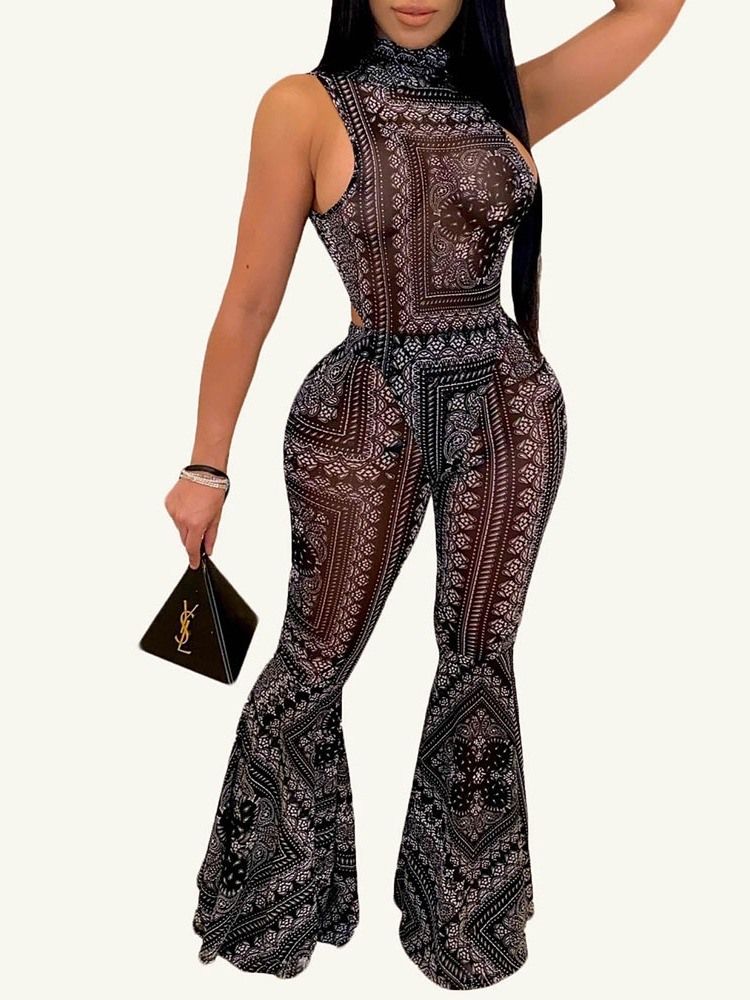 Print Western Jumpsuit Turtleneck Brede Ben Kvinners Todelt Sett