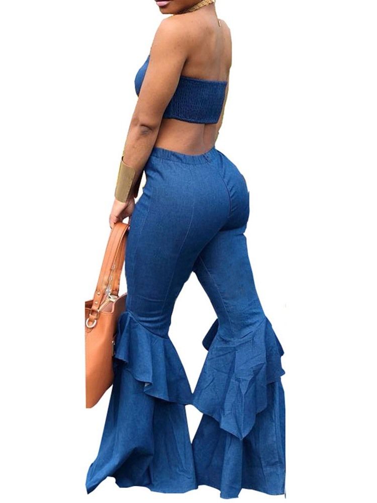 Sexy Bukser Backless Bellbottoms Pullover Todelt Sett Denim Buksesett