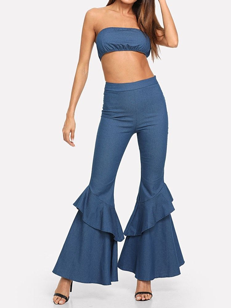 Sexy Bukser Backless Bellbottoms Pullover Todelt Sett Denim Buksesett