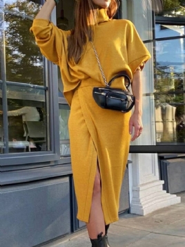 Sweet Split Plain Turtleneck Bodycon Todelt Sett