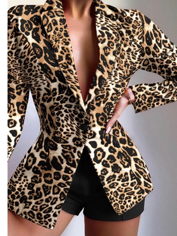 Én Knapps Leopard Hakk Lapel Spring Mid-Length Casual Blazer