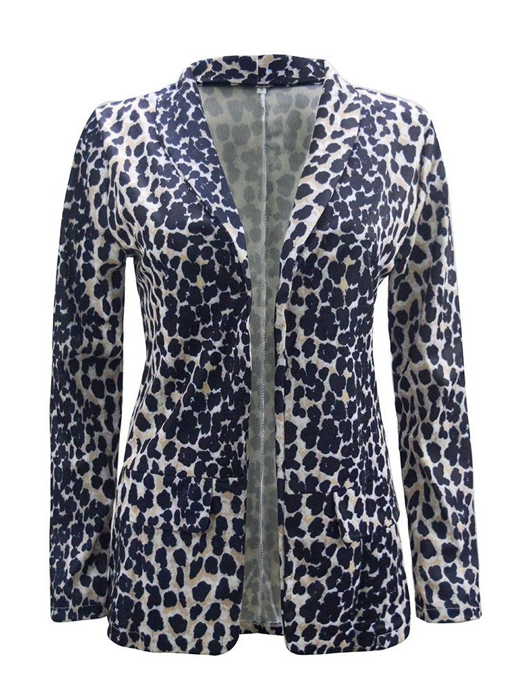 Leopard-Innpakket Langermet Mellomlang Vanlig Casual Blazer For Kvinner