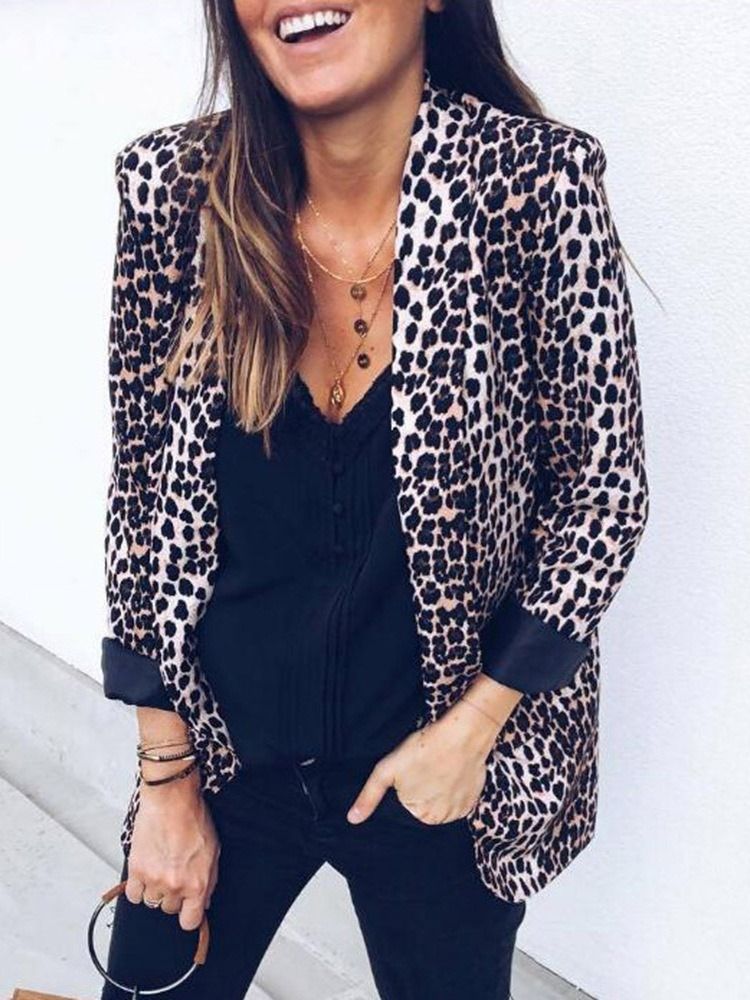 Leopard-Innpakket Langermet Mellomlang Vanlig Casual Blazer For Kvinner